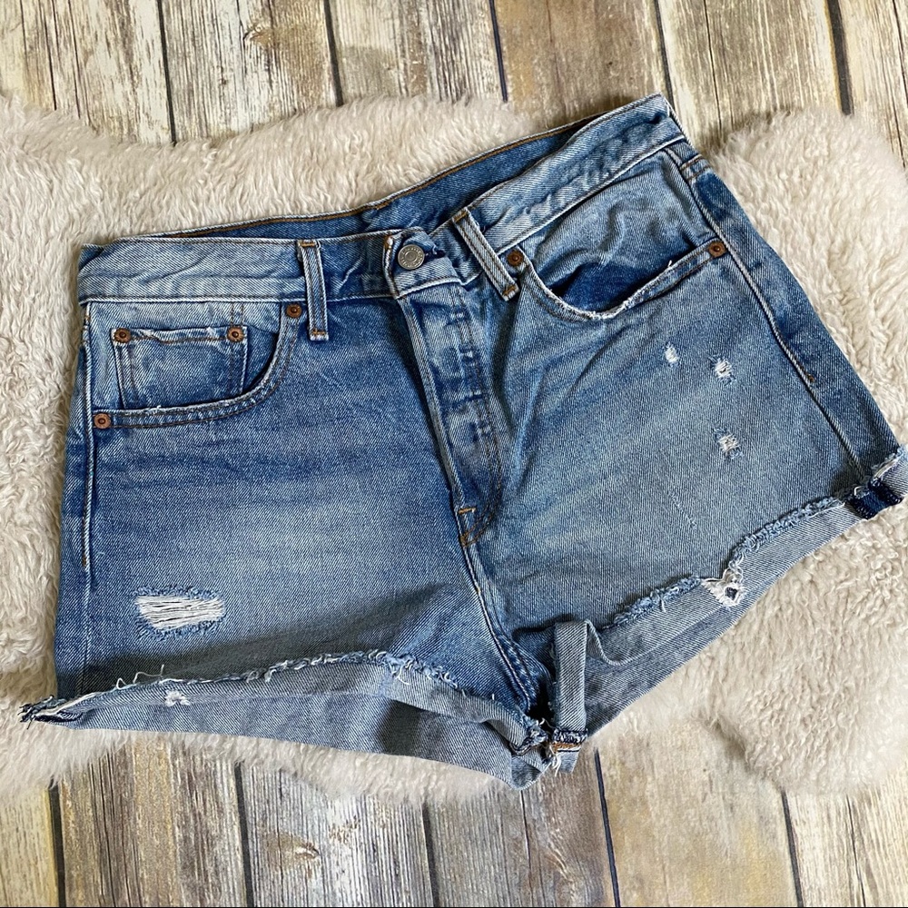Levi’s Blue Distressed Button Down Fly High Waist Cotton Denim Shorts